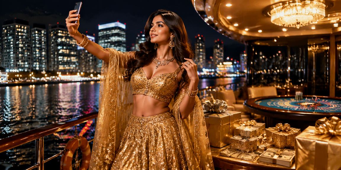 Mobile casino user in traditional Indian dress using smartphone