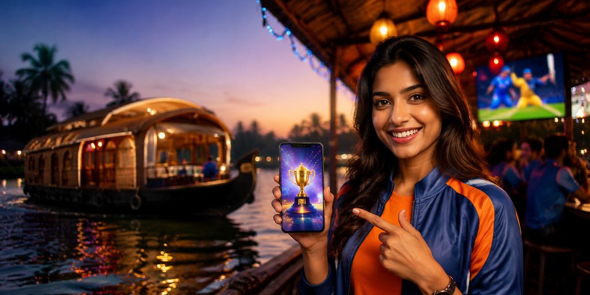 Kerala backwater scenery with night market and cricket betting